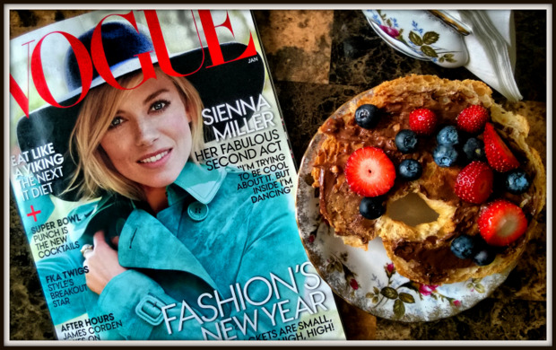 Vogue Juanuary 2015 and a croissant with peanut butter and hazelnut cream and fruit for breakfast